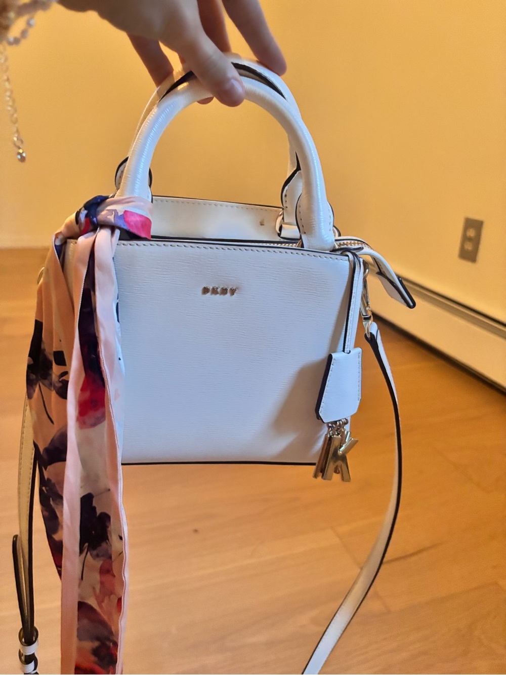 Dkny White Mini Satchel with Floral Scarf Accent